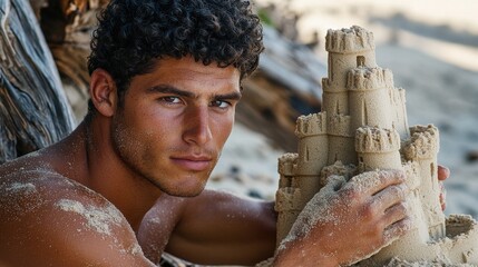 Sandcastle building expertise shown by young man with dark curly hair and athletic build, displaying detailed sand architecture while covered in natural beach sand