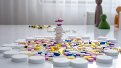 Pills, tablets, capsules, vitamins and omega3 on the white table