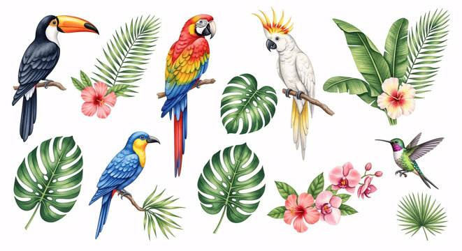 Tropical Birds and Leaves Clipart Set &ndash; Watercolor Parrots, Toucan, Hummingbird with Hibiscus, Orchids and Monstera
