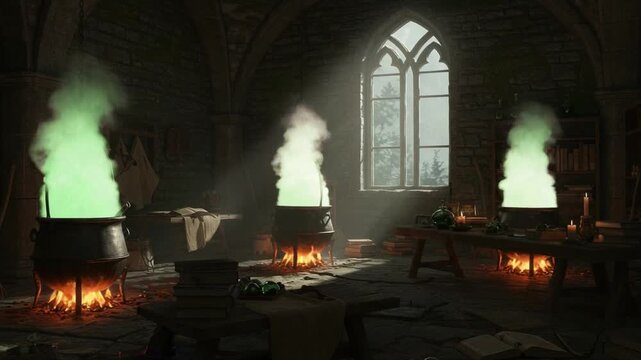 A Mysterious Alchemist's Laboratory with Bubbling Cauldrons and Enigmatic Vapors Revealing Secrets of Potion Crafting in an Atmospheric Stone Environment