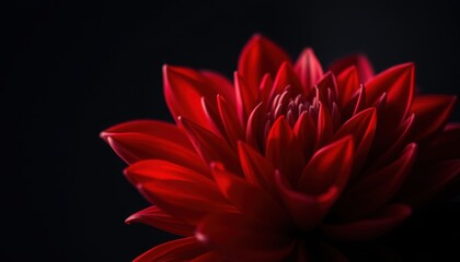 Close up of a vibrant red dahlia flower with layered petals against a dark black background image view