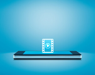 Play button with movie flat icon on modern smart mobile phone screen over light blue background,...