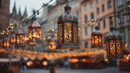 Obraz premium Ornate lanterns illuminating a festive market square.