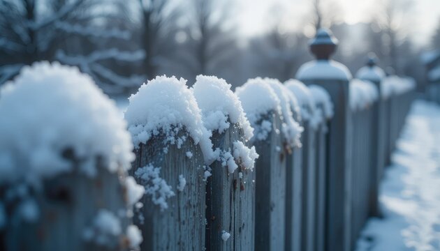 Winter fence posts dusted with fresh snow evoke serene, crisp outdoor beauty.
