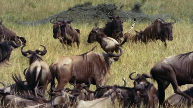 Wild Cheetahs High Speed Pursuit Hunting Wildebeest Herd