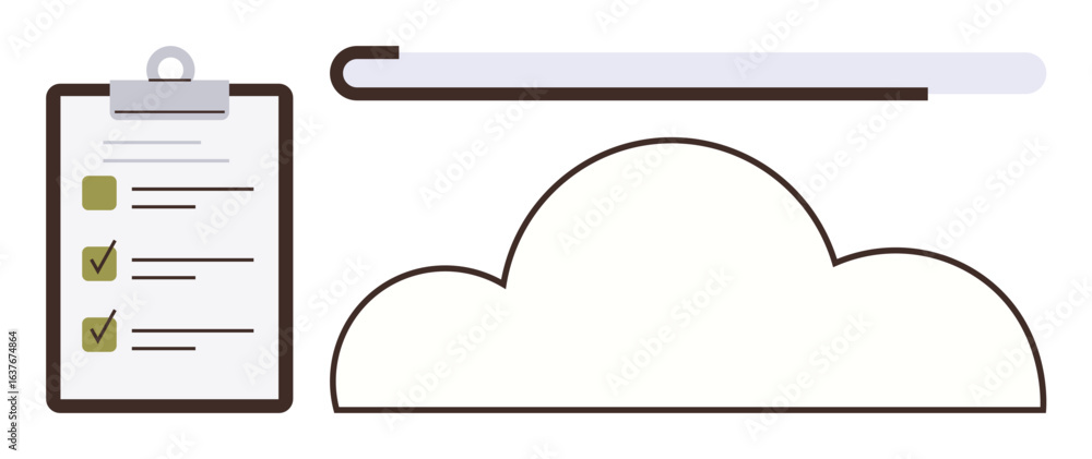 Poster cloud outline representing online storage with a progress bar and checklist clipboard. ideal for pro