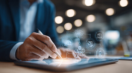 Professional businessman strategizing with digital interface and futuristic technology for business growth and innovation