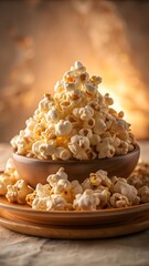 Delicious buttery popcorn overflowing from wooden bowl ready for movie night snack time indulgence and family fun
