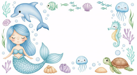 Obraz premium Cute Underwater Mermaid Frame Clipart – Watercolor Ocean Animals Border with Dolphin, Turtle, Jellyfish and Seahorse 