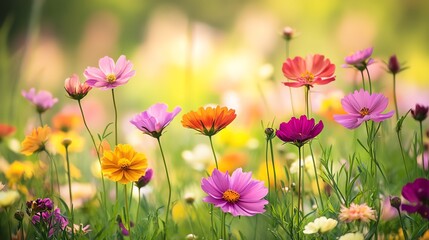 Fototapeta premium Colorful wildflowers blooming in a sunny field.