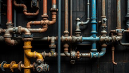 A complex network of colorful pipes and valves against a dark wooden wall background inside space