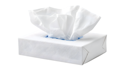 A box of tissues with white tissues sticking out against a black background in a studio shot