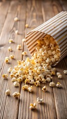 Golden striped popcorn bucket spills delicious snack on rustic wooden table perfect for movie night or tasty treat ads