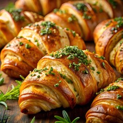 Indulge in savory croissants with fresh herbs baking on rustic wood for a gourmet delight perfect for a brunch or bakery concept