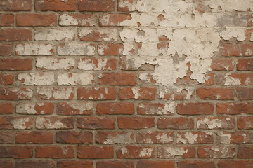 Fototapeta premium Worn Brick Wall with Peeling Paint and Rustic Texture Revealing Red and White Cracked Bricks and Weathered Appearance