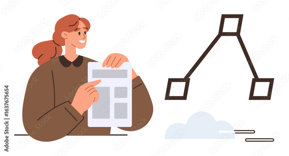 Aufkleber smiling woman holding a document, pointing to sections while analyzing a flowchart. ideal for educat