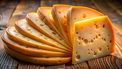 Delicious swiss cheese slices arranged on rustic wood for gourmet food presentation and flavorful culinary creations or product shot