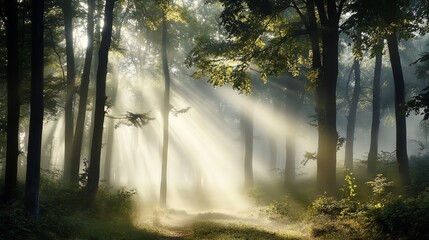 Fototapeta premium Sunlight filtering through forest trees.