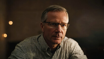 Obraz premium Cinematic portrait of a mature man in a striped shirt, seated against a dark background with soft ambient lighting and subtle bokeh, emphasizing depth, elegance, and visual storytelling. Senior Man.