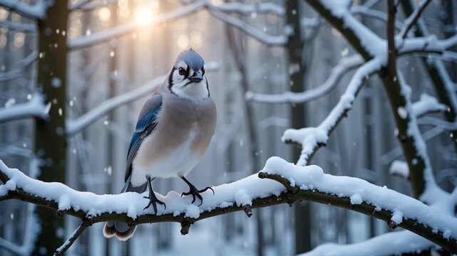 Blue jay perched on snowy branch in winter wonderland scenery with falling snow animation