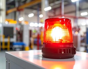 Red emergency light on a surface in a factory setting