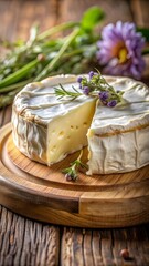 Indulge in creamy brie cheese on a wood board, adorned with fresh lavender and rosemary for a gourmet dining experience