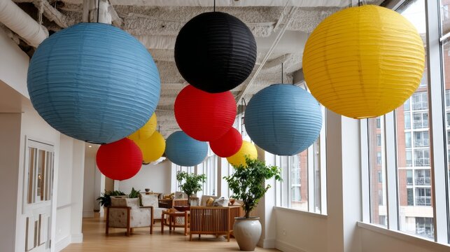 Room with many colorful paper lanterns hanging from the ceiling