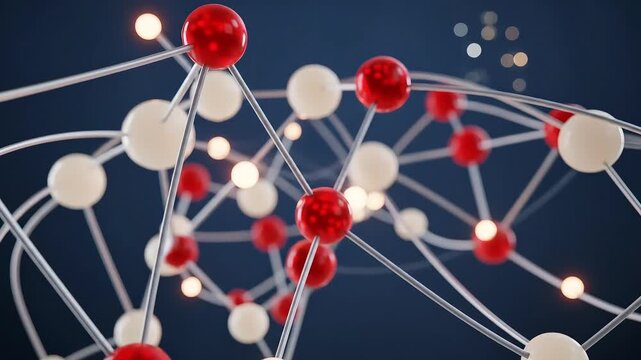 Abstract Molecular Structure with Red and White Spheres Connected by Silver Lines on Dark Blue Background Representing Network Connectivity