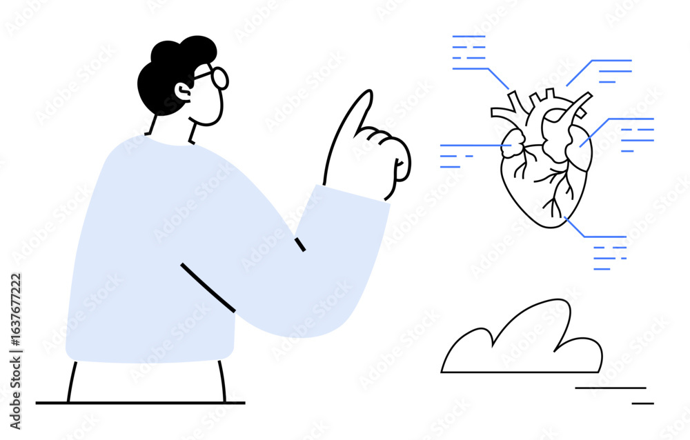 Poster man pointing at anatomical heart displaying connected data lines and medical information, ideal for 