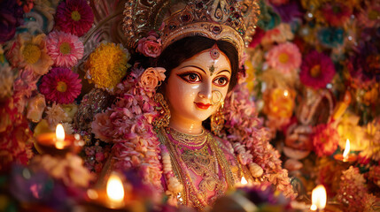 Saptami & Ashtami Puja, close-up of beautifully decorated Durga idol with flower garlands and lamps