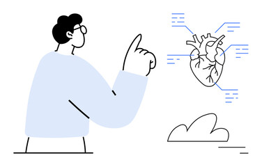 Man pointing at anatomical heart displaying connected data lines and medical information, ideal for healthcare, science, education, medical apps, tech solutions, research, anatomy, simple landing