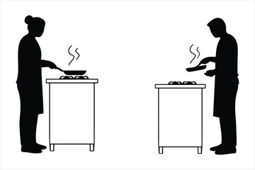 Two people cooking in a kitchen silhouette