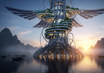 Futuristic Floating City with Solar Panels at Sunset, Surrounded by Mountains and Boats
