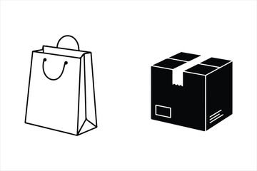 Shopping bag and delivery box in simple outline and silhouette style