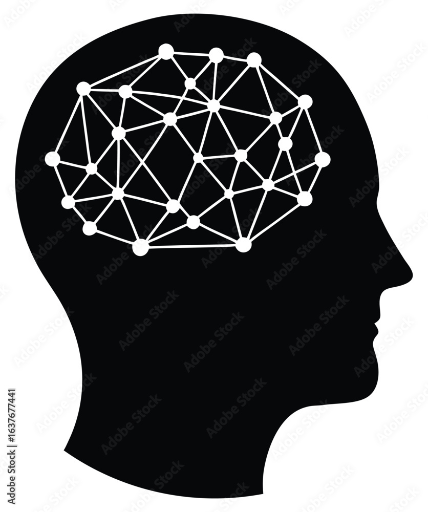 Poster silhouette of a human head with a glowing abstract neural network pattern representing the brain sym