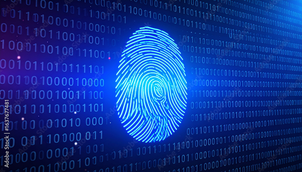 Poster digital identity: a vivid blue fingerprint, overlaid with a stream of binary code, symbolizes the fu
