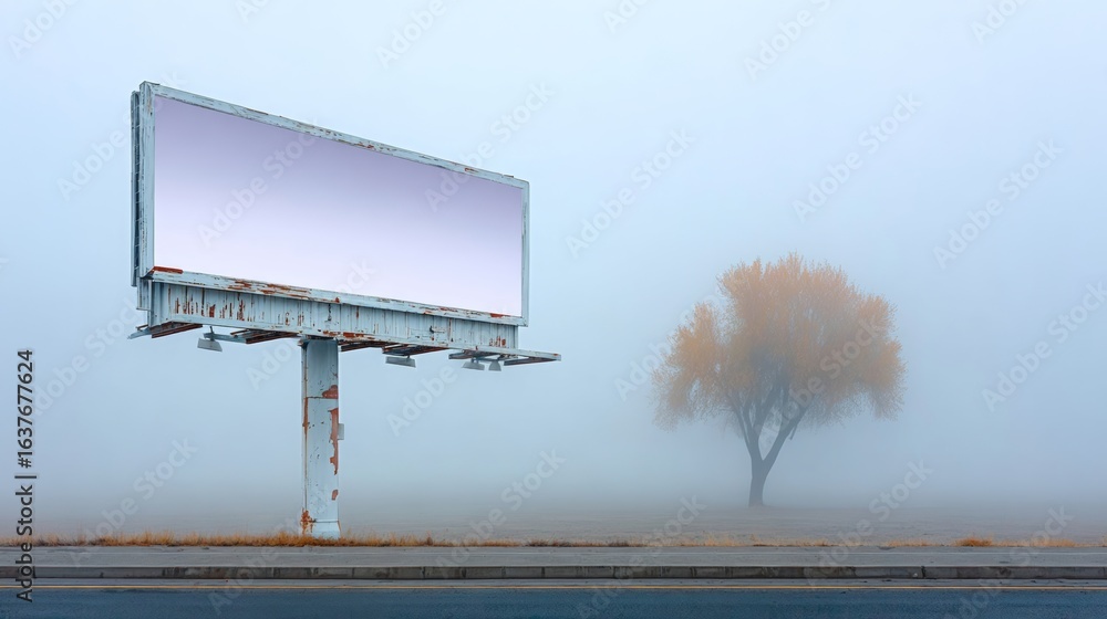 Poster billboard is in the foreground of a foggy scene with a tree in the background