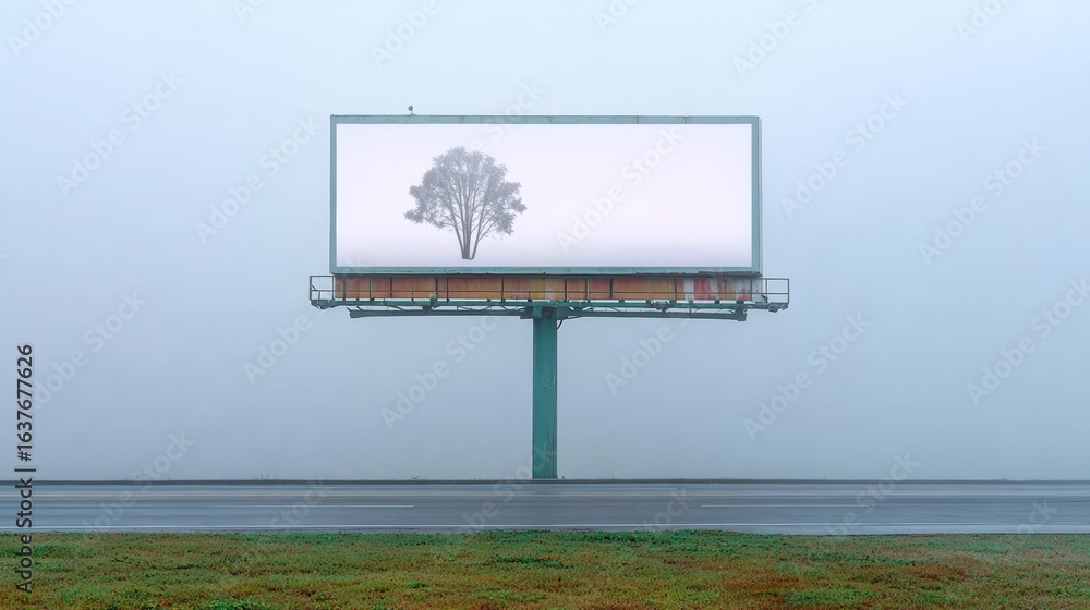 Poster billboard with a tree on it is standing in a field