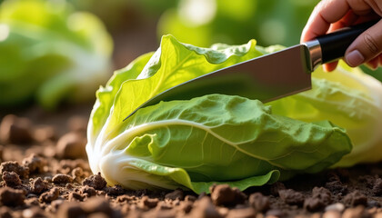 Fresh green cabbage being harvested with knife for farm-to-table cooking with copy space; bountiful harvest