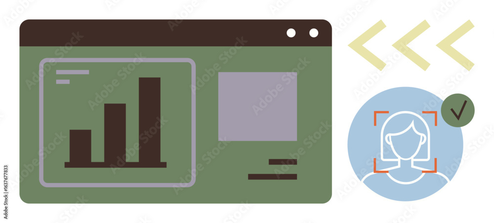 Poster digital dashboard displaying bar chart and profile screen beside facial recognition graphic. ideal f