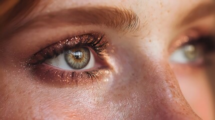 Fototapeta premium Close-up of a young woman's striking eye details, showcasing shimmering eyeshadow and natural freckles.