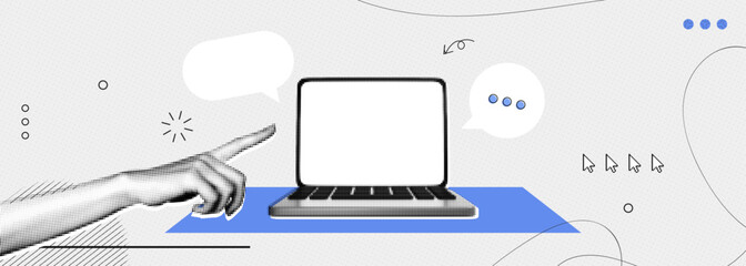 Trendy Halftone Collage Computer laptop with speech bubble messages and hand. Social media communication. Online chat or forum. Discussion and feedback. Contemporary vector illustration art