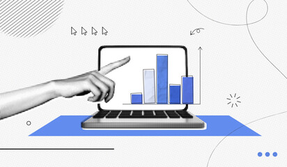 Fototapeta na wymiar Trendy Halftone Collage Business and investment growth concept. Hand and market statistics chart. Laptop with finance business data graph. Trending upwards. Contemporary vector illustration art