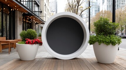 White and black sculpture sits on a wooden deck next to two white planters