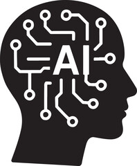 Silhouette vector of AI brain circuit icon, symbolizing artificial intelligence, neural networks, and technology.