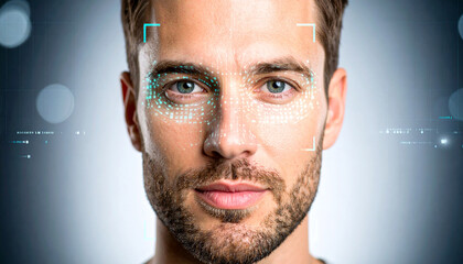 Facial Recognition Technology in Focus: A close-up portrait of a man's face is highlighted by digital facial recognition markers.