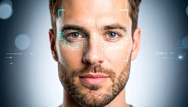 Facial Recognition Technology in Focus: A close-up portrait of a man's face is highlighted by digital facial recognition markers.