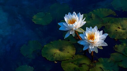 Two white water lilies on a dark pond.