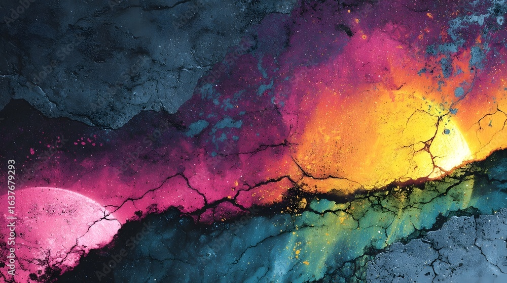 Aufkleber fiery explosion of vibrant saturated colors against a dark weathered background with intricate crack