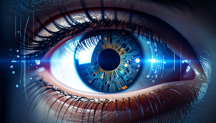 Digital Eye: A close-up of a mesmerizing blue eye, enhanced with futuristic digital overlays, suggesting a fusion of technology and human perception. Capturing the essence of innovation.